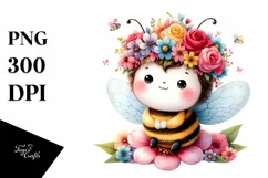 Cartoon-Style Watercolor Bee with Flower Crown Product Image 1