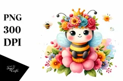 Cartoon-Style Watercolor Bee with Flower Crown Product Image 1