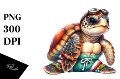 Digital Watercolor Baby Turtle in Beachwear, High-Res PNG Product Image 1
