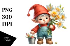 Cute Baby Gnome with Freesia Bucket PNG Product Image 1