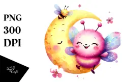 Cute Baby Bee on a Smiling Moon, PNG Product Image 1