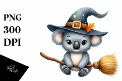Funny Watercolor Koala on Witch Broom Sublimation Clipart Product Image 3