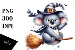 Funny Watercolor Koala on Witch Broom Sublimation Clipart Product Image 1