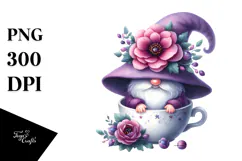 Cute Gnome with Violet Floral Ornament Cup, PNG Product Image 1