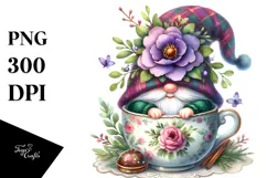 Watercolor Gnome with Large Violet Floral, PNG Product Image 1