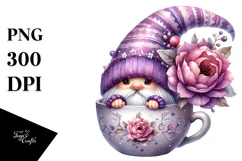 Cute Gnome with Violet Floral Ornament Cup, PNG Product Image 1