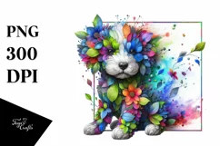 Abstract Vibrant Watercolor Puppy with Flowers, Transparent Product Image 1