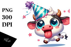 Cute Baby Calf with Party Hat, Anime Eyes, PNG Product Image 1