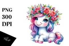 Cute Unicorn with Floral Wreath PNG Product Image 1
