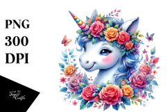 Watercolor Baby Unicorn with Floral Wreath PNG Product Image 1