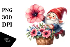 Cute Gnome Floating with Large Petunia, PNG Product Image 1