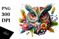 Abstract Vibrant Watercolor Owl with Flowers, Transparent Product Image 1