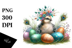 Digital Watercolor Baby Peacock with Easter Eggs, High-Res Product Image 1