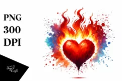 Colorful Watercolor Red Heart with Fire PNG Product Image 1
