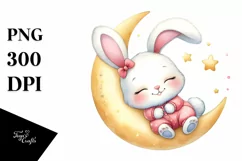 Cute Bunny Easter Bunny Sleeping on Moon Flower, Clipart Product Image 1
