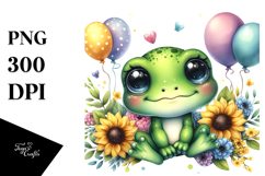 Colorful Baby Frog with Balloons PNG Product Image 1