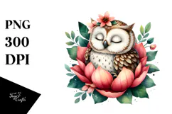Owl Sleeping Flower Petals Night Garden Clipart Product Image 1