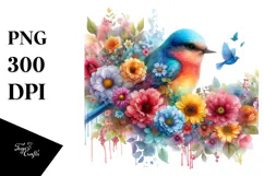 Colorful Bird with Flowers, PNG Product Image 1