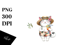 Watercolor Cat on Beach with Cocktail, PNG Product Image 1