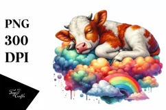 colorful Baby Cow Napping on Cloud PNG Product Image 3