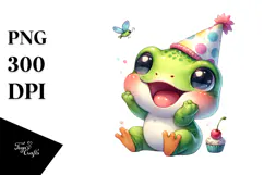 Cute Energetic Frog with Party Hat Watercolor PNG Product Image 1