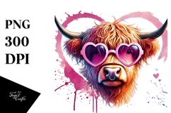Pink Highland Cow with Heart-Shaped Sunglasses PNG Product Image 1