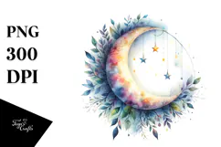 Vibrant Whimsical Moon with Foliage and Stars | Sublimation Product Image 1