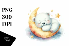 Cute Baby Polar Bear on the Moon | Watercolor Clipart Product Image 1