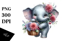Detailed Baby Elephant with Flowers | Sublimation | Clipart Product Image 1
