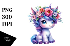 Cute Unicorn with Floral Wreath Drawing PNG Product Image 1