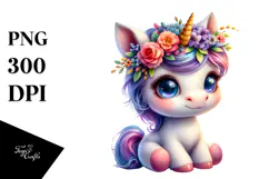 Cute Unicorn with Floral Wreath Drawing PNG Product Image 1