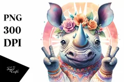 Boho Rhino with Victory Sign | Sublimation | Clipart Product Image 1
