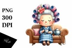 Old Lady with Hair Curlers Tea Time | Clipart Product Image 1