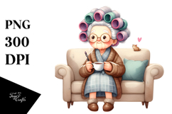 Old Lady with Hair Curlers Tea Time | Clipart Product Image 1