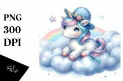 Blue Hat Baby Unicorn on Cloud | Sublimation | Clipart Product Image 1