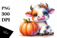 Vibrant Baby Cow with Pumpkin | Sublimation | Clipart Product Image 1