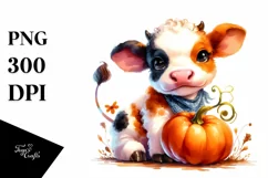 Vibrant Baby Cow with Pumpkin | Sublimation | Clipart Product Image 1