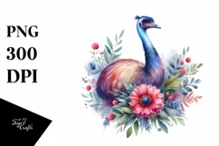 Vibrant Watercolor Emu Above Flower Clipart Product Image 1
