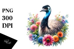 Vibrant Watercolor Emu Above Flower Clipart Product Image 1