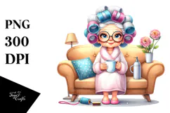 Old Lady with Hair Curlers Mug Time | Clipart Product Image 1