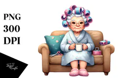 Old Lady with Hair Curlers Mug Time | Clipart Product Image 1