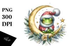 Baby Frog Sleeping on Moon Watercolor Clipart Product Image 1