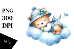 Baby Bear Sleeping on Cloud Watercolor Clipart Product Image 1