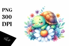 Cute Baby Turtle Smiling On Flowers Animal Clipart Product Image 3