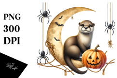 Cute Otter on Half Moon with Spiders PNG Product Image 1