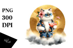 Cute Cat in Beachwear Drinking Cocktail JPEG Product Image 1