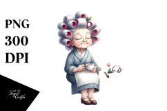 Old Lady with Hair Curlers Tea Time | Clipart Product Image 1