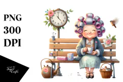 Old Lady with Hair Curlers Tea Time | Clipart Product Image 1