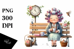 Old Lady with Hair Curlers Tea Time | Clipart Product Image 3