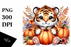 Detailed Funny Cute Baby Tiger Holding Pumpkin Clipart Product Image 1